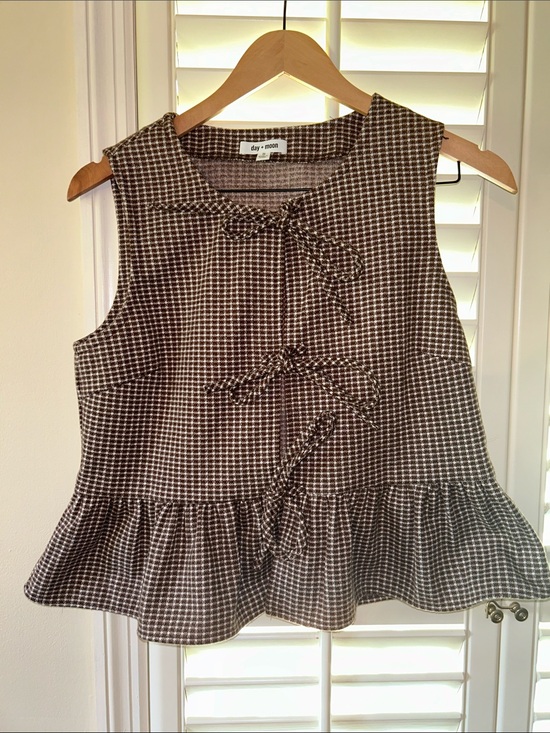 Day + Moon Tops - day + moon Brown Gingham Tie-Front Peplum Tank